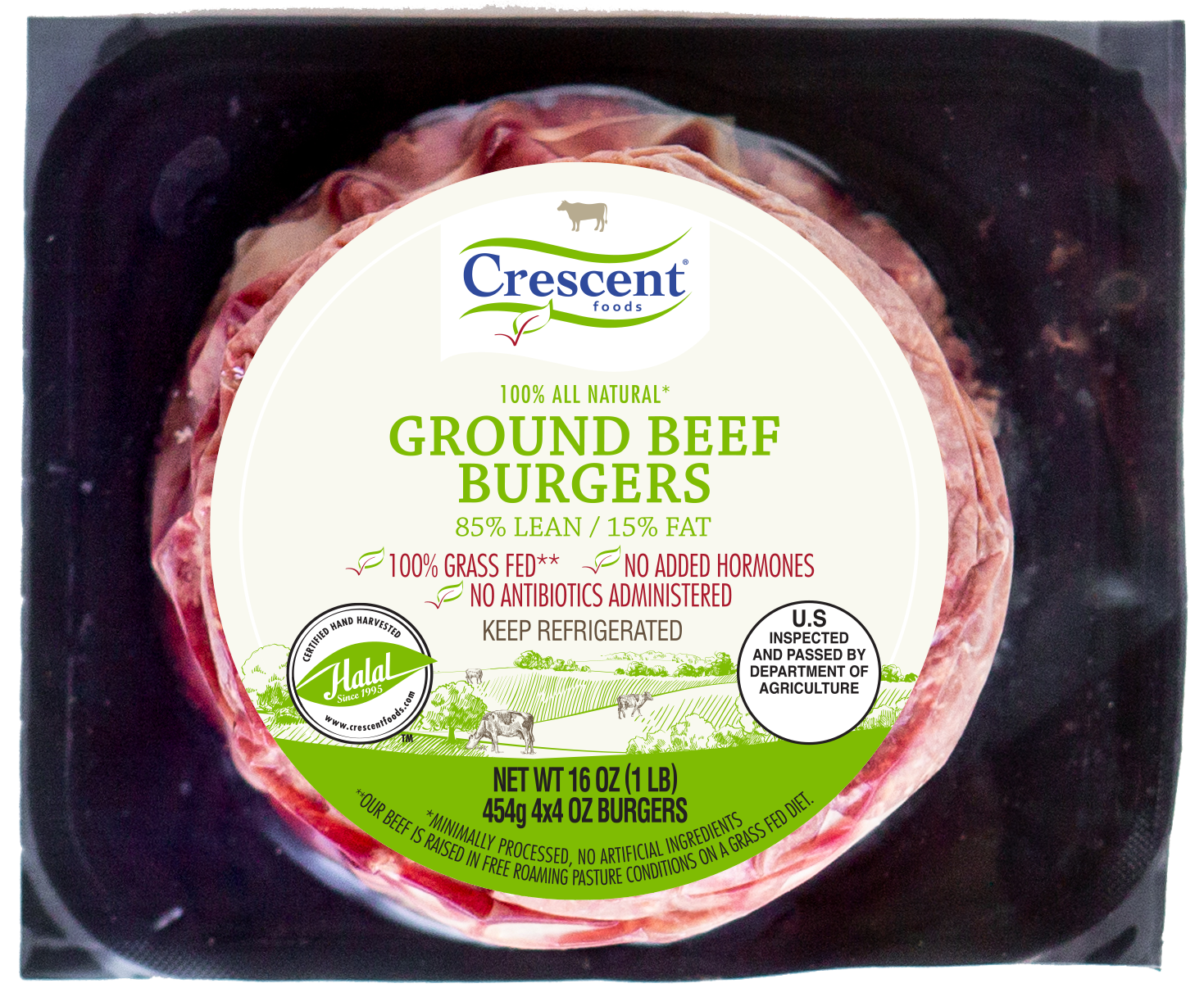 Crescent Beef Burgers 85/15 Grass Fed Plated